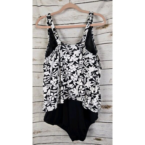 Lands End Black White Floral Tank Swimsuit 24W One Piece Womens Layered Flounce - Picture 5 of 7